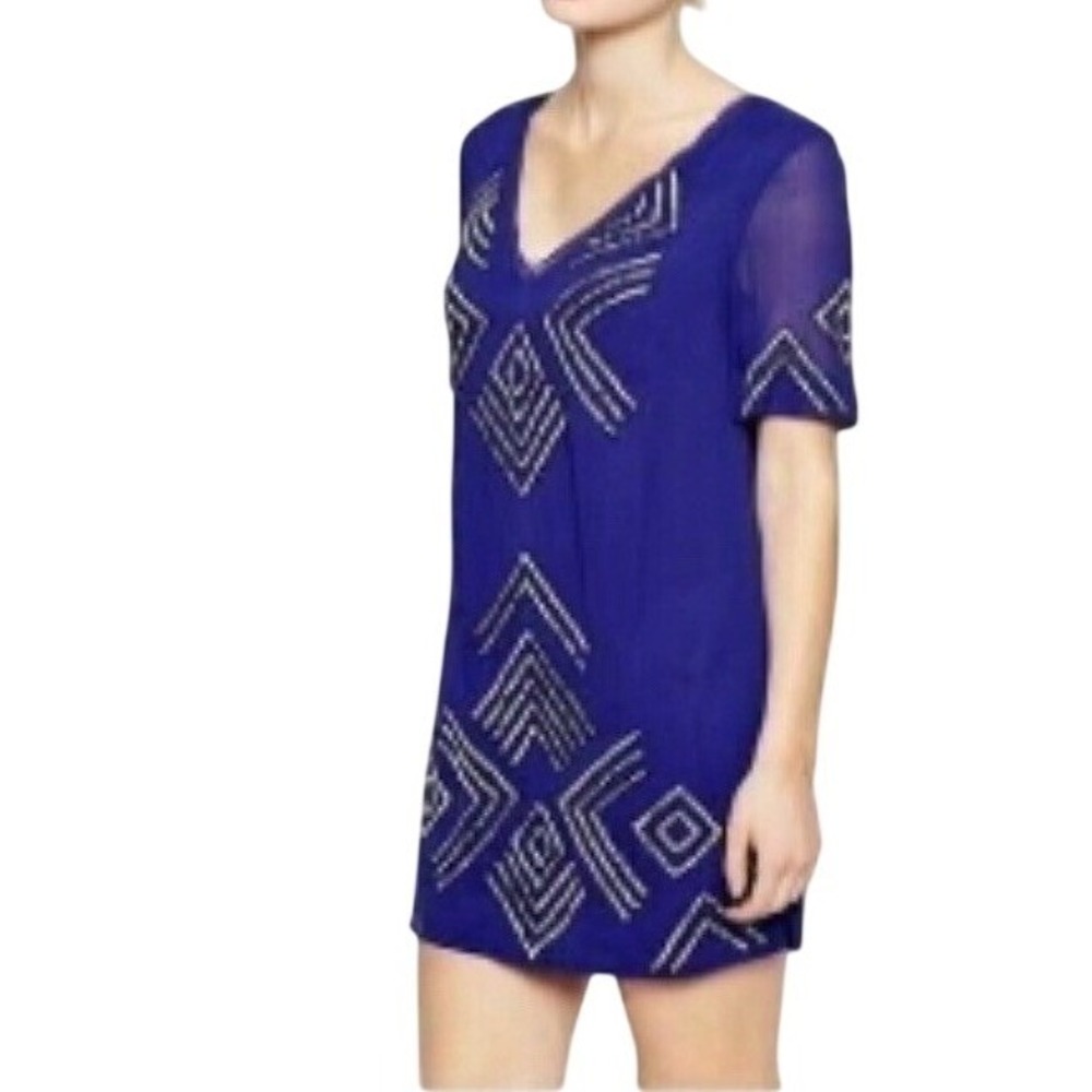 French‎ Connection Dress Blue Neon Rainbow Sequin Semi Sheer Shift Sz 6 Raw Edge